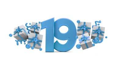 19 mavi Doğum günü kutlaması hediye kutuları ile sayı numara. 3D render