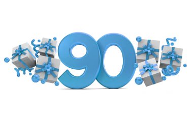 90 mavi Doğum günü kutlaması hediye kutuları ile sayı numara. 3D render