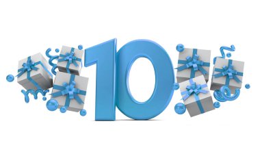 10 mavi Doğum günü kutlaması hediye kutuları ile sayı numara. 3D render