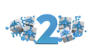 2 mavi Doğum günü kutlaması hediye kutuları ile sayı numara. 3D render