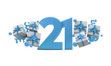 21 mavi Doğum günü kutlaması hediye kutuları ile sayı numara. 3D render