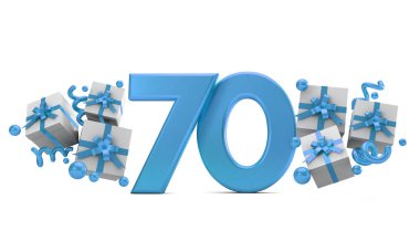 70 mavi Doğum günü kutlaması hediye kutuları ile sayı numara. 3D render