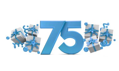 75 mavi Doğum günü kutlaması hediye kutuları ile sayı numara. 3D render