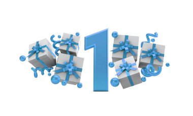 1 mavi Doğum günü kutlaması hediye kutuları ile sayı numara. 3D render