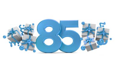 85 mavi Doğum günü kutlaması hediye kutuları ile sayı numara. 3D render