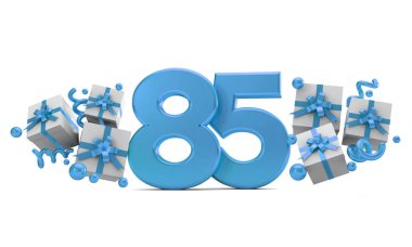 Number 85 blue birthday celebration number with gift boxes. 3D Rendering clipart
