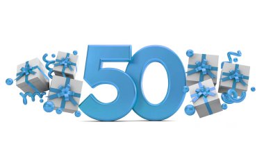 Number 50 blue birthday celebration number with gift boxes. 3D Rendering clipart