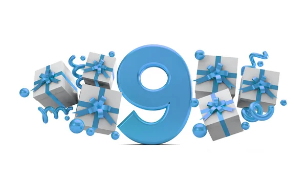 Número Número Celebración Cumpleaños Azul Con Cajas Regalo Renderizado — Foto de Stock