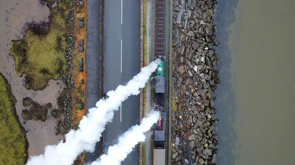 Veduta Aerea Treno Vapore Epoca Con Fumo Soffiato — Foto Stock