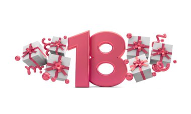 18 numaralı pembe Doğum günü kutlaması hediye kutuları ile sayı. 3D render