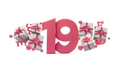 19 numara pembe Doğum günü kutlaması hediye kutuları ile sayı. 3D render