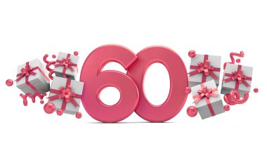 Sayı 60 pembe Doğum günü kutlaması hediye kutuları ile sayı. 3D render
