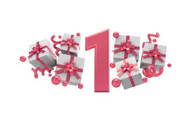 1 pembe Doğum günü kutlaması hediye kutuları ile sayı numara. 3D render