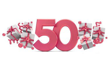 Number 50 pink birthday celebration number with gift boxes. 3D Rendering clipart