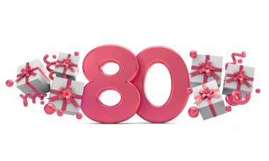 Number 80 pink birthday celebration number with gift boxes. 3D Rendering clipart