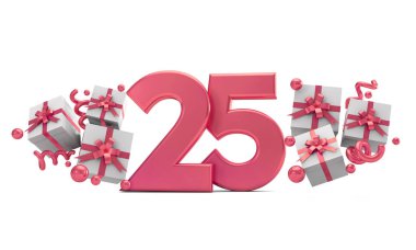 25 numaralı pembe Doğum günü kutlaması hediye kutuları ile sayı. 3D render