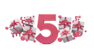 5 numaralı pembe Doğum günü kutlaması hediye kutuları ile sayı. 3D render