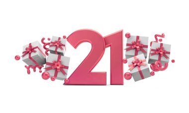 21 numaralı pembe Doğum günü kutlaması hediye kutuları ile sayı. 3D render