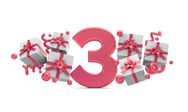 3 numaralı pembe Doğum günü kutlaması hediye kutuları ile sayı. 3D render