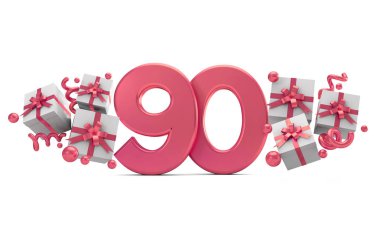 Sayı 90 pembe Doğum günü kutlaması hediye kutuları ile sayı. 3D render