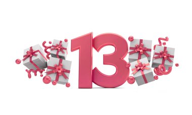 13 numara pembe Doğum günü kutlaması hediye kutuları ile sayı. 3D render