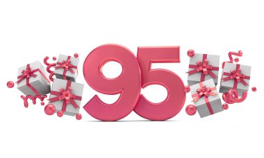 Sayı 95 pembe Doğum günü kutlaması hediye kutuları ile sayı. 3D render