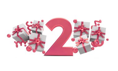 2 numaralı pembe Doğum günü kutlaması hediye kutuları ile sayı. 3D render