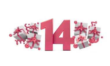 14 numara pembe Doğum günü kutlaması hediye kutuları ile sayı. 3D render