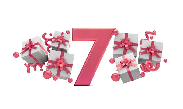 7号粉红色生日庆祝号码与礼品盒 — 图库照片
