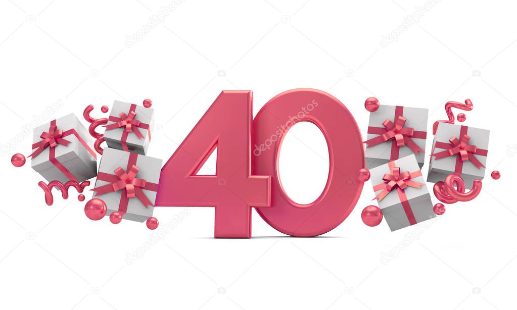 Number 40 pink birthday celebration number with gift boxes. 3D Rendering