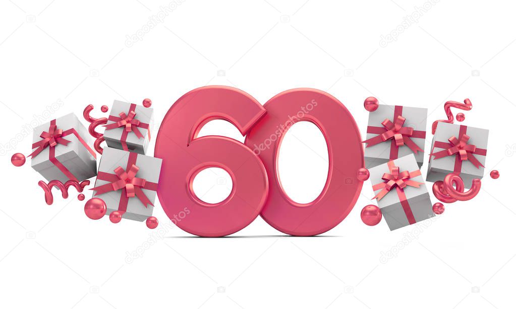 Number 60 pink birthday celebration number with gift boxes. 3D Rendering