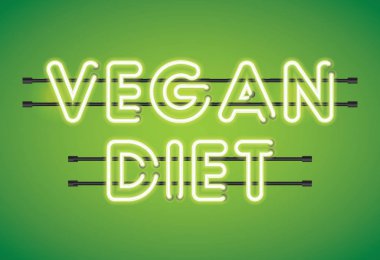 Vegan diyet neon floresan aydınlatma ileti yeşil bir arka plan üzerinde