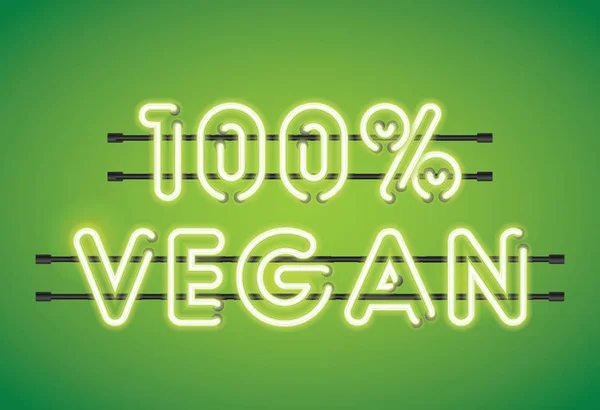 100 Vegan Neon Florescent Lighting Message Green Background — стоковый вектор