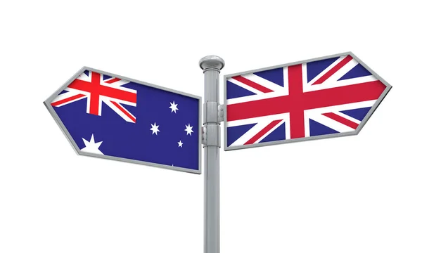 Australia United Kingdom Guidepost Moving Different Directions Rendering — Stock Photo, Image