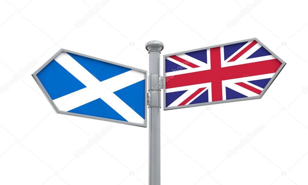 Scotland and United Kingdom guidepost. Moving in different directions. 3D Rendering
