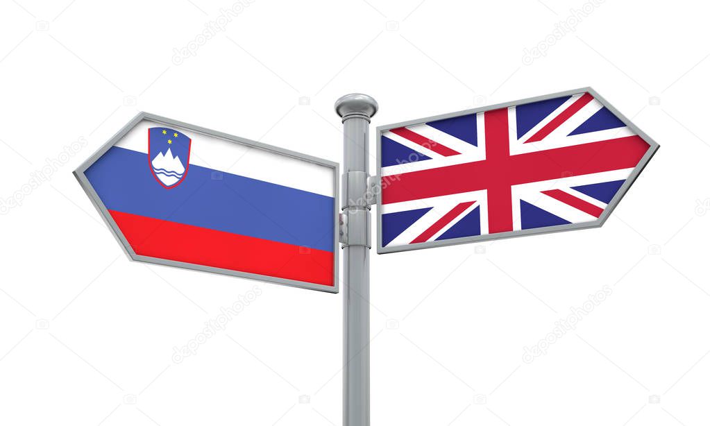 Slovenia and United Kingdom guidepost. Moving in different directions. 3D Rendering