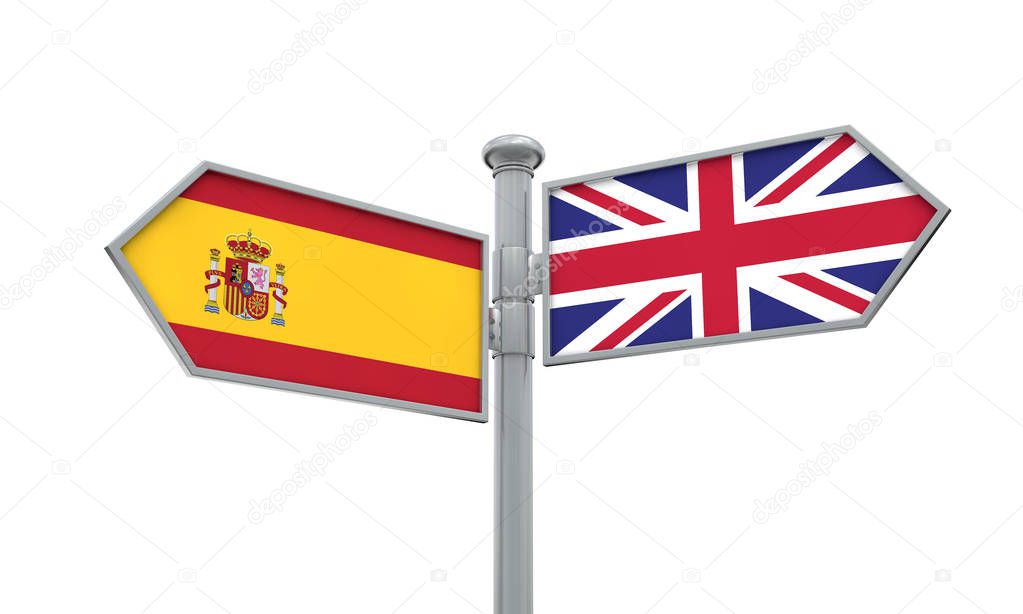 Spain and United Kingdom guidepost. Moving in different directions. 3D Rendering