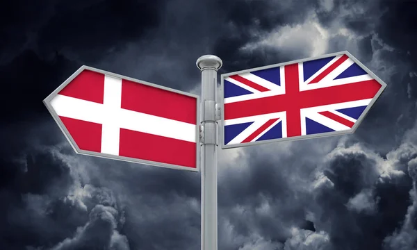 Dinamarca Reino Unido Guidepost Movendo Direções Diferentes Renderização — Fotografia de Stock