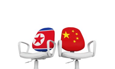 Kuzey Kore ve Çin iş sandalyeler. Uluslararası ilişki kavramı. 3D render