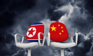 Kuzey Kore ve Çin iş sandalyeler. Uluslararası ilişki kavramı. 3D render