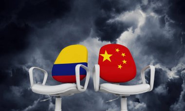 Kolombiya ve Çin iş sandalyeler. Uluslararası ilişki kavramı. 3D render