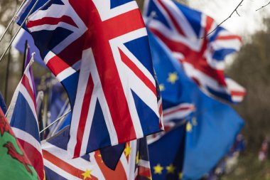 Birlikte uçan İngiliz Birliği Jack ve AB bayrağı. Brexit AB referandum sembolü