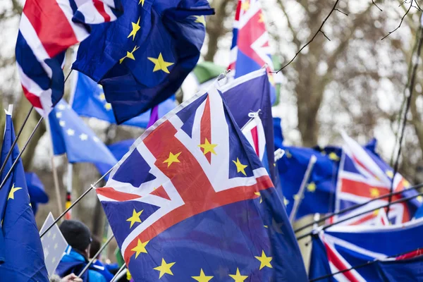 European Union and British Union Jack flag flying together. A symbol of the Brexit EU referendum