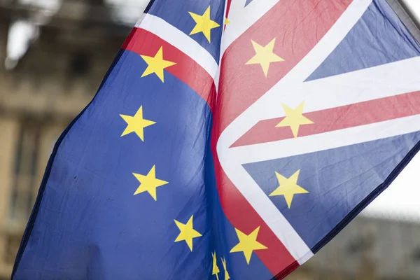Bandera Jack Unión Europea Unión Británica Ondeando Juntos Símbolo Del — Foto de Stock