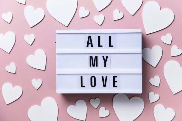 All my love lightbox message with white hearts on a pink background