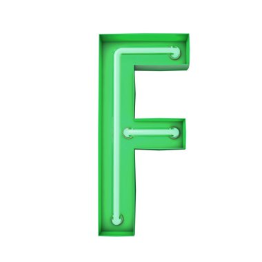 Neon tarzı hafif F harfi. Parlayan neon büyük harf. 3B görüntüleme