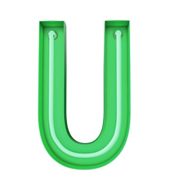 Neon tarzı hafif harf U. Parlayan Neon Capital harfi. 3B görüntüleme