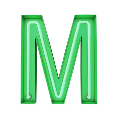 Neon tarzı ışık harfi M. Parlayan neon büyük harf. 3B görüntüleme