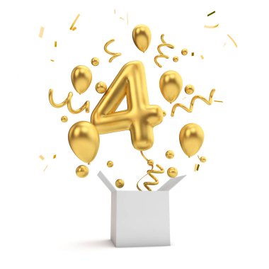 Mutlu 4 Doğum altın sürpriz balon ve kutusu. 3D render