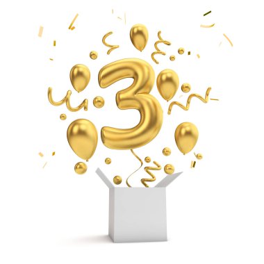 Mutlu 3 Doğum altın sürpriz balon ve kutusu. 3D render